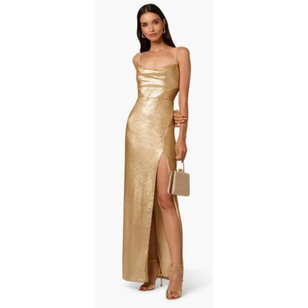Gold Metallic Cowl-Neck Maxi Dress with Thigh Slit